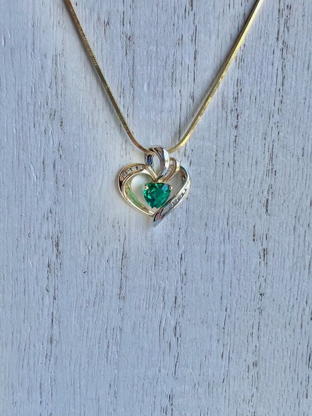 Vintage Emerald Pendant 10K Yellow & White Gold Two Tone Diamond Heart Pendant
